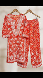 Orange Floral Print Mulmul Plazo Set