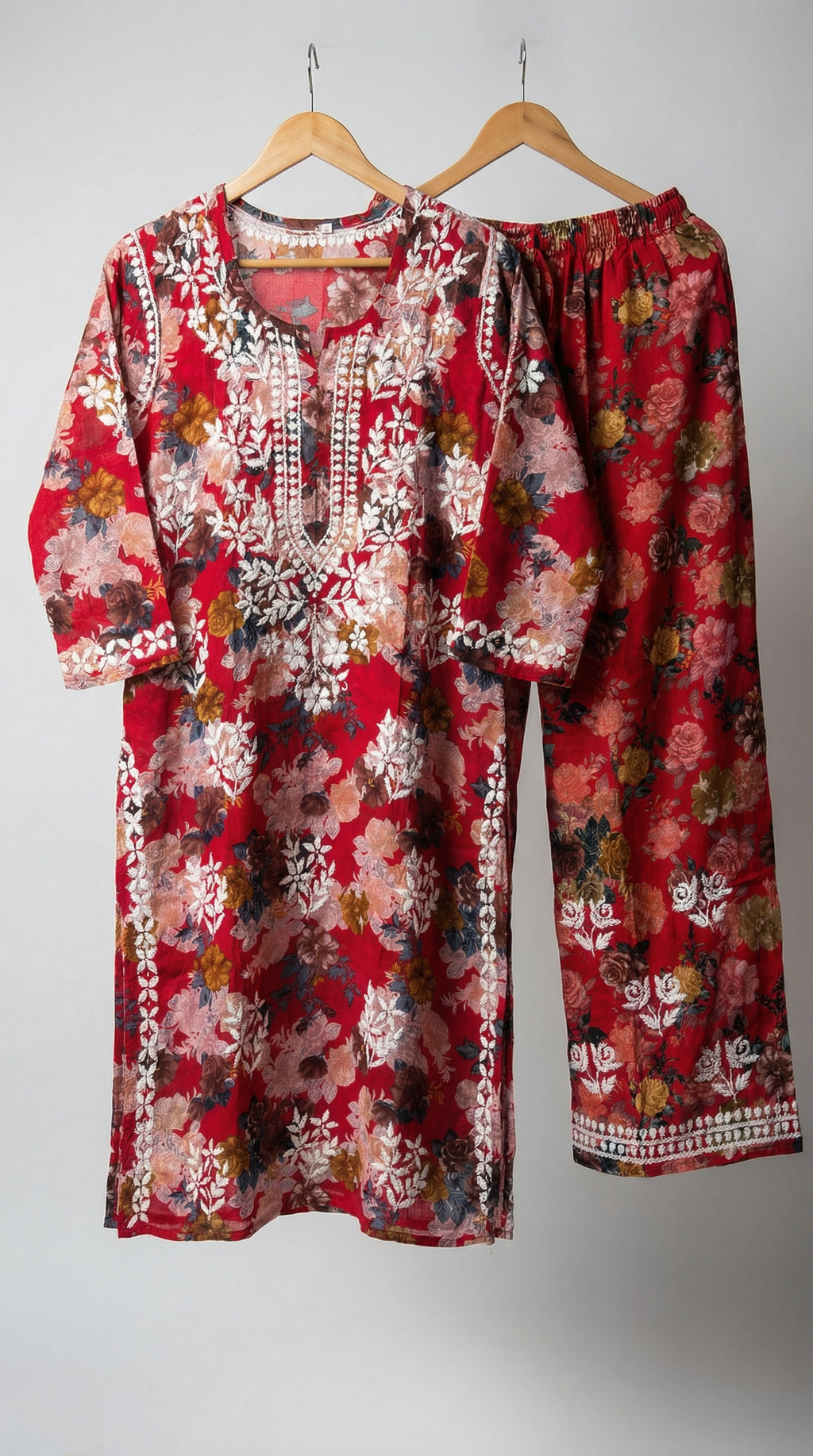 Red Floral Print Mulmul Plazo Set