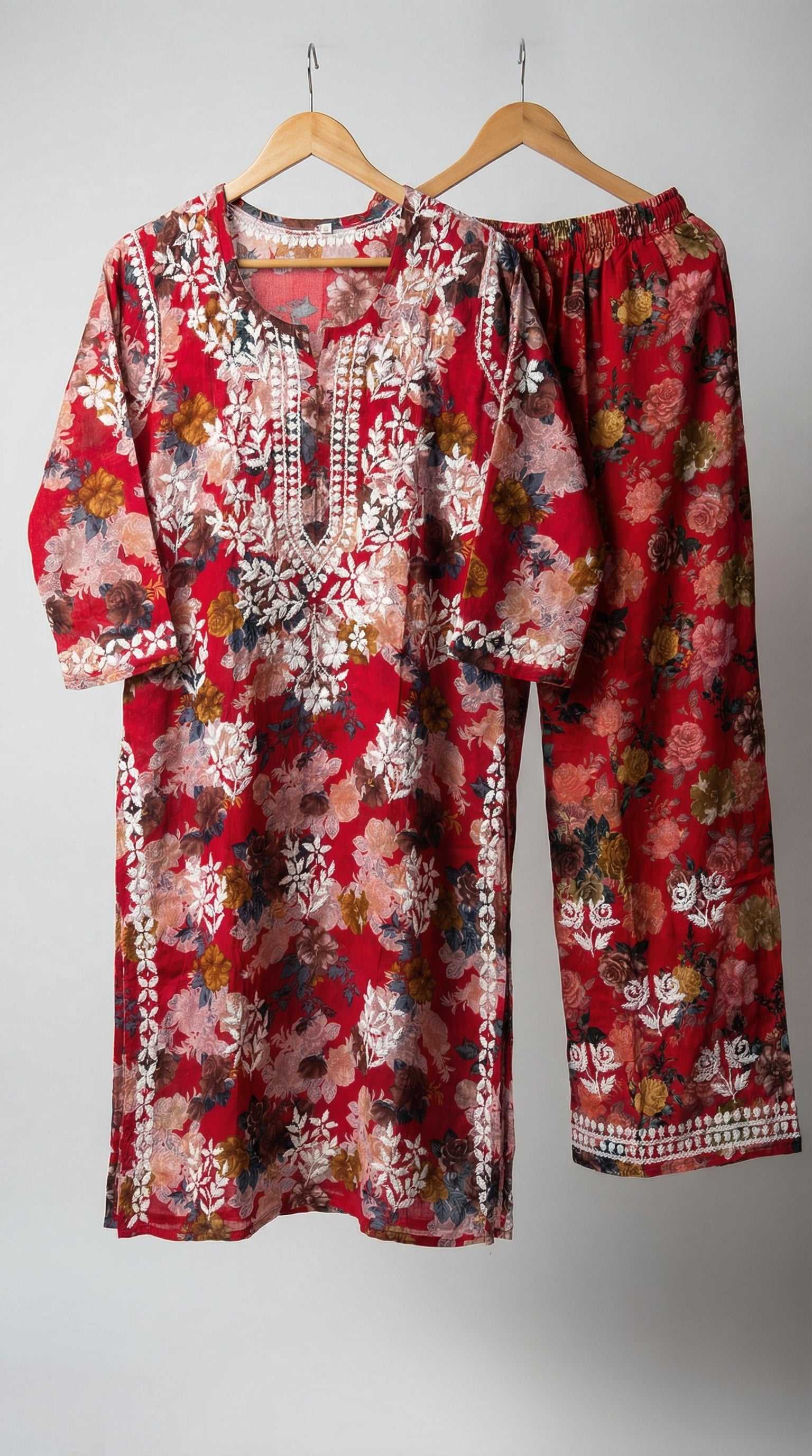 Red Floral Print Mulmul Plazo Set