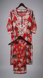 Red Floral Print Mulmul Plazo Set