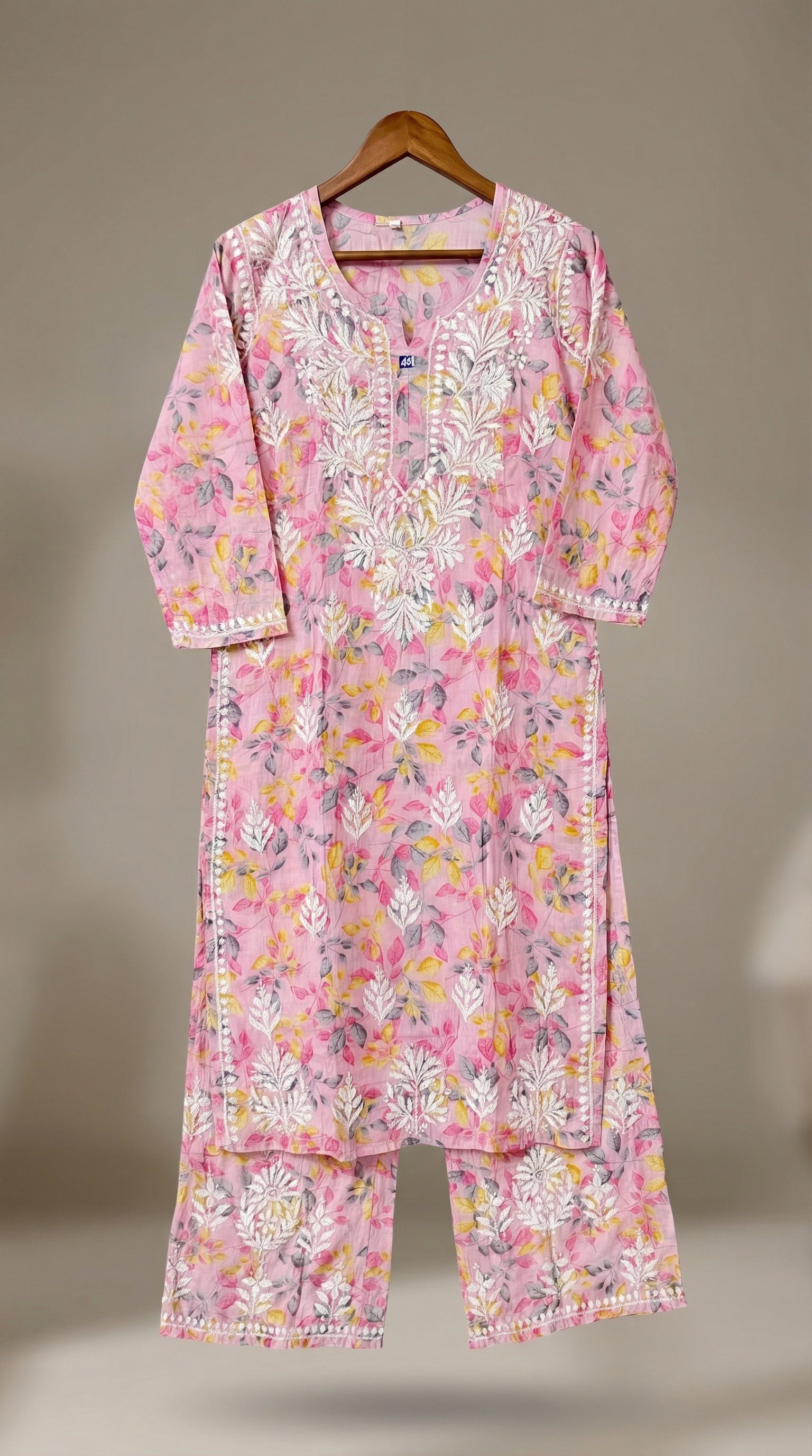 Light Pink Floral Print Mulmul Plazo Set