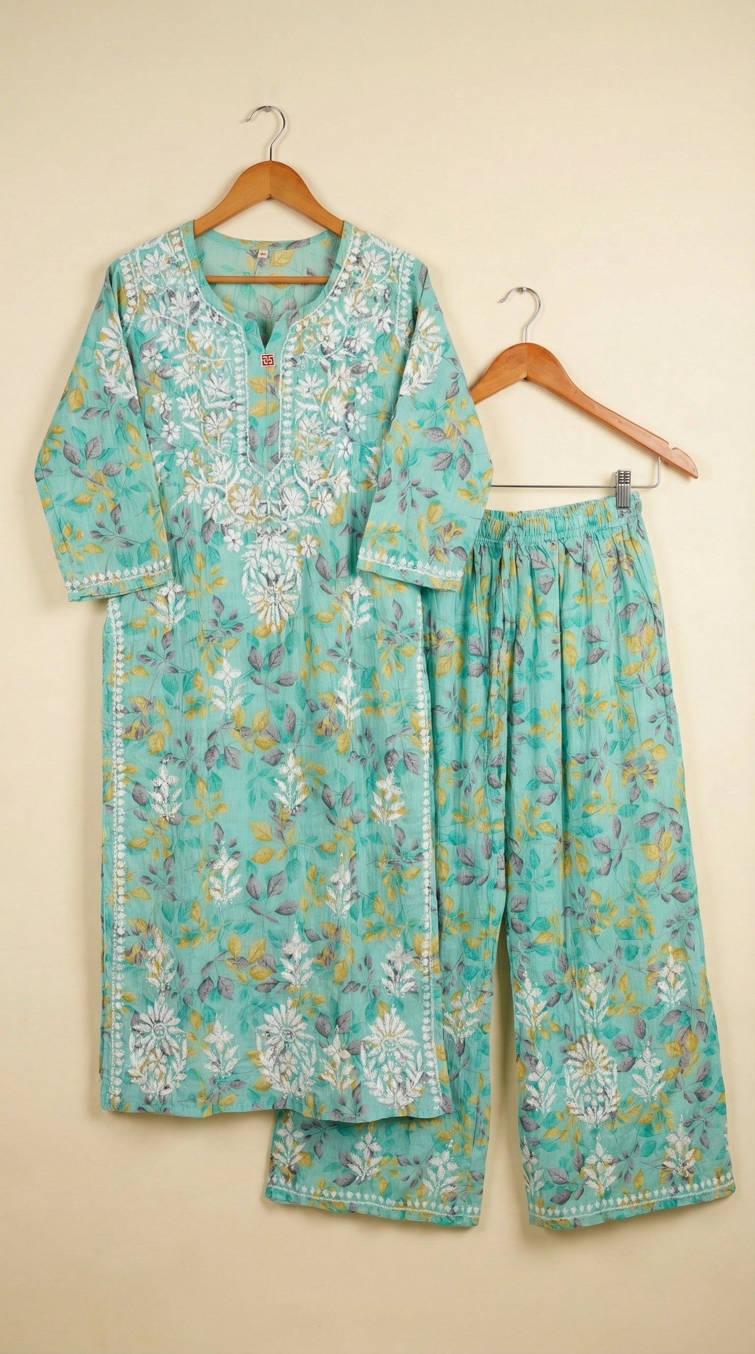 Sea Green Floral Print Mulmul Plazo Set