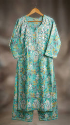 Sea Green Floral Print Mulmul Plazo Set