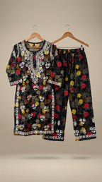 Black Floral Print Mulmul Plazo Set