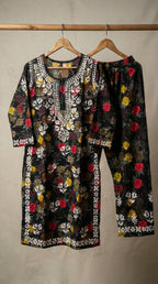 Black Floral Print Mulmul Plazo Set