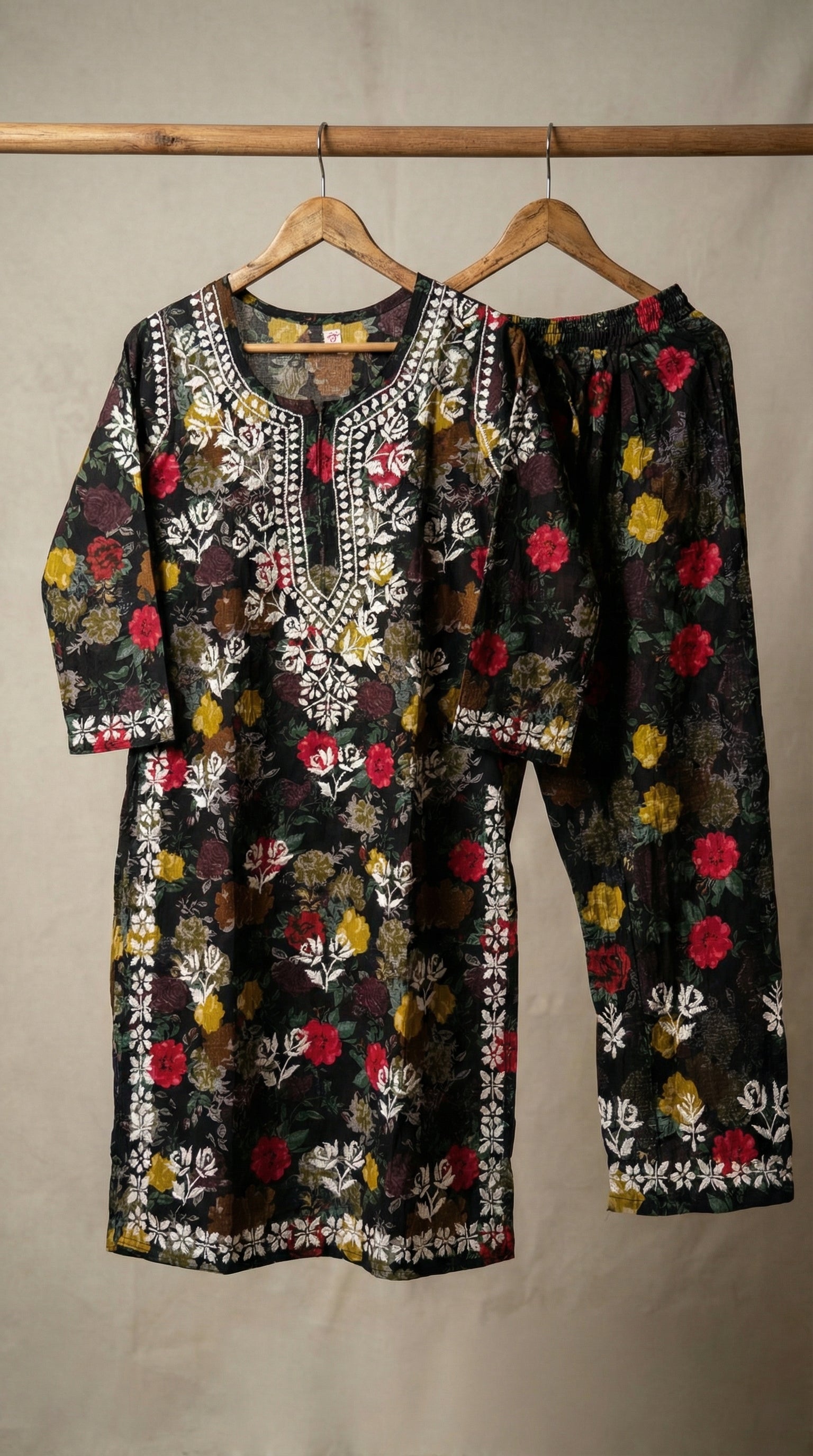 Black Floral Print Mulmul Plazo Set