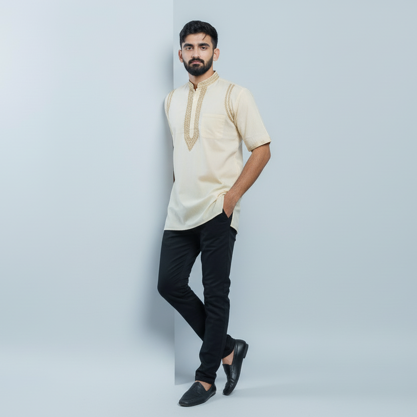 Men's Short Kurta - Ivory Beige