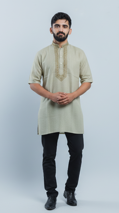 Men's Short Kurta - Sage Beige