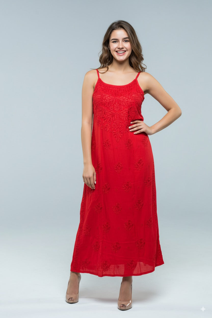 Chikankari Cherry Red Noodle Strip Top