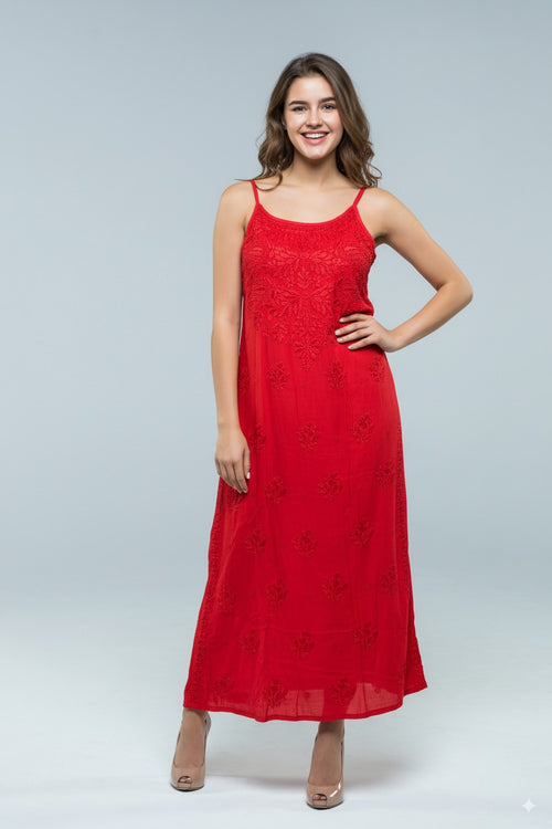 Chikankari Cherry Red Noodle Strip Top