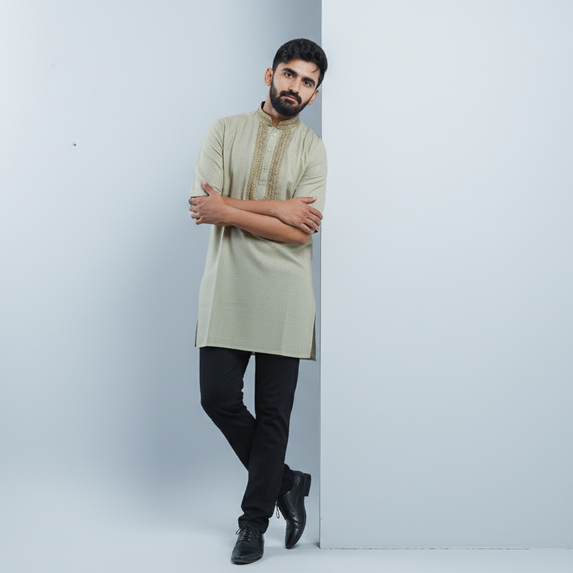 Men's Short Kurta - Sage Beige