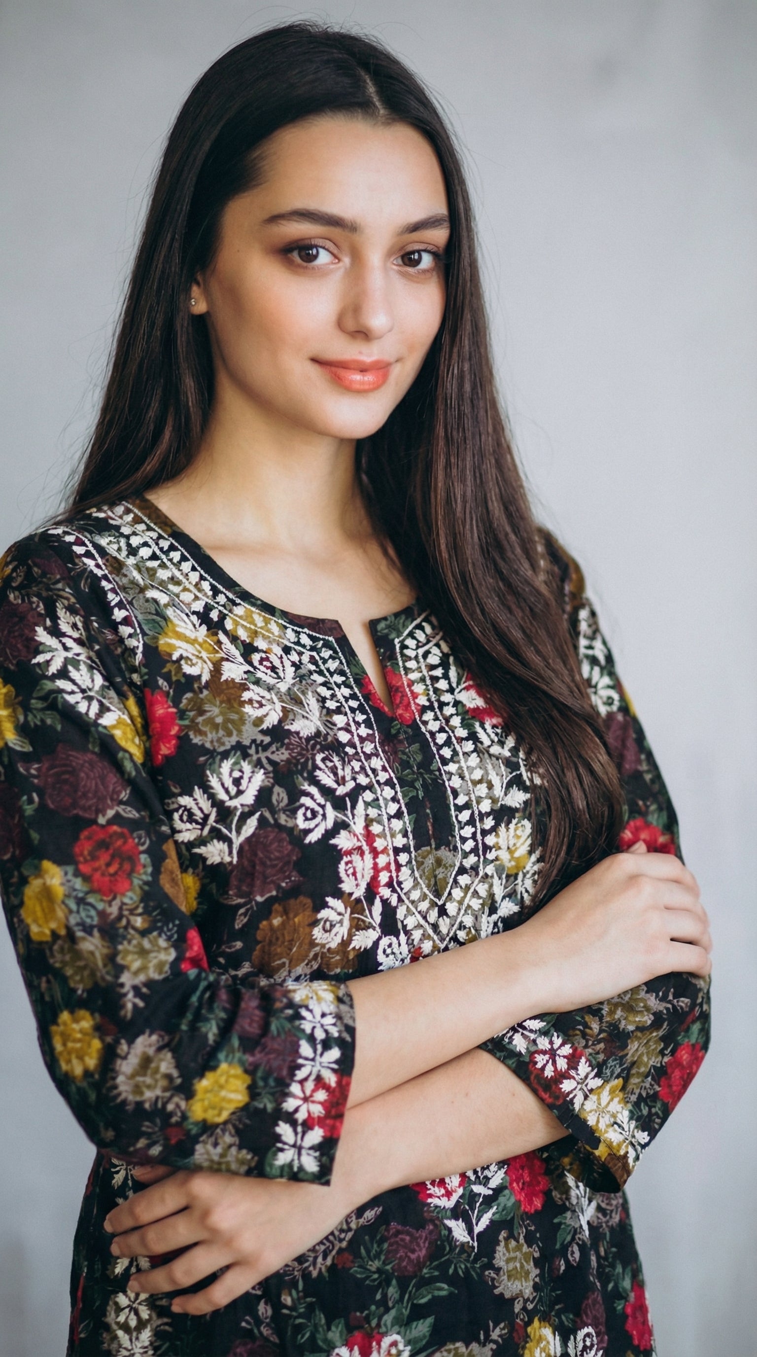 Black Floral Print Mulmul Plazo Set