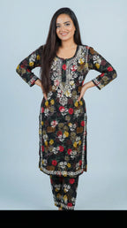Black Floral Print Mulmul Plazo Set