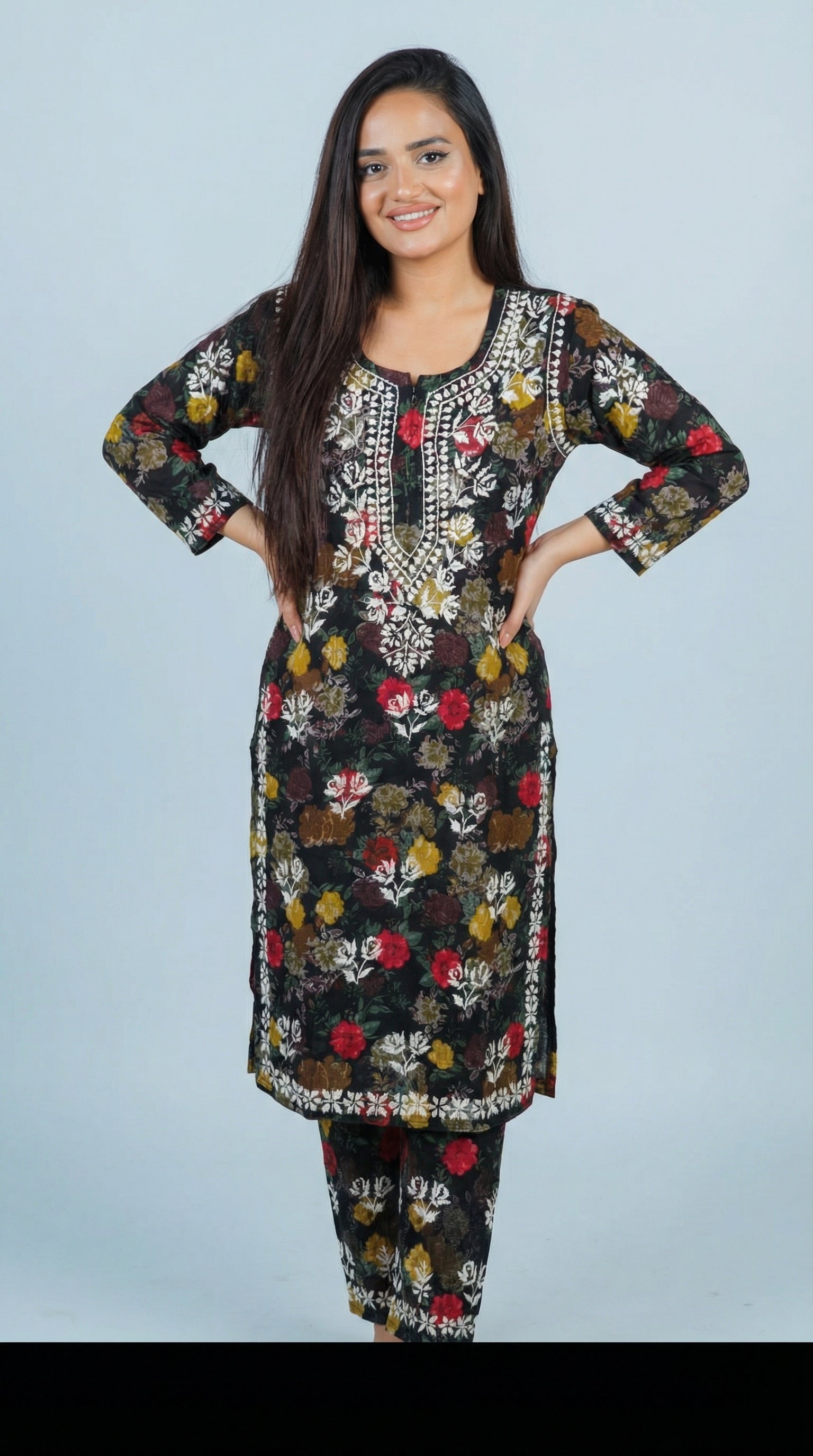 Black Floral Print Mulmul Plazo Set
