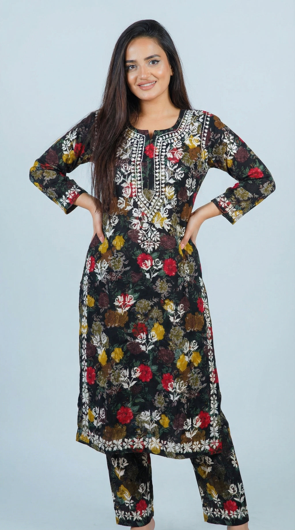 Black Floral Print Mulmul Plazo Set