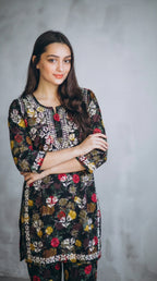 Black Floral Print Mulmul Plazo Set