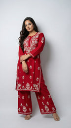 Cherry Red Rayon Plazo Set