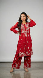Cherry Red Rayon Plazo Set