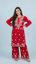 Cherry Red Rayon Plazo Set